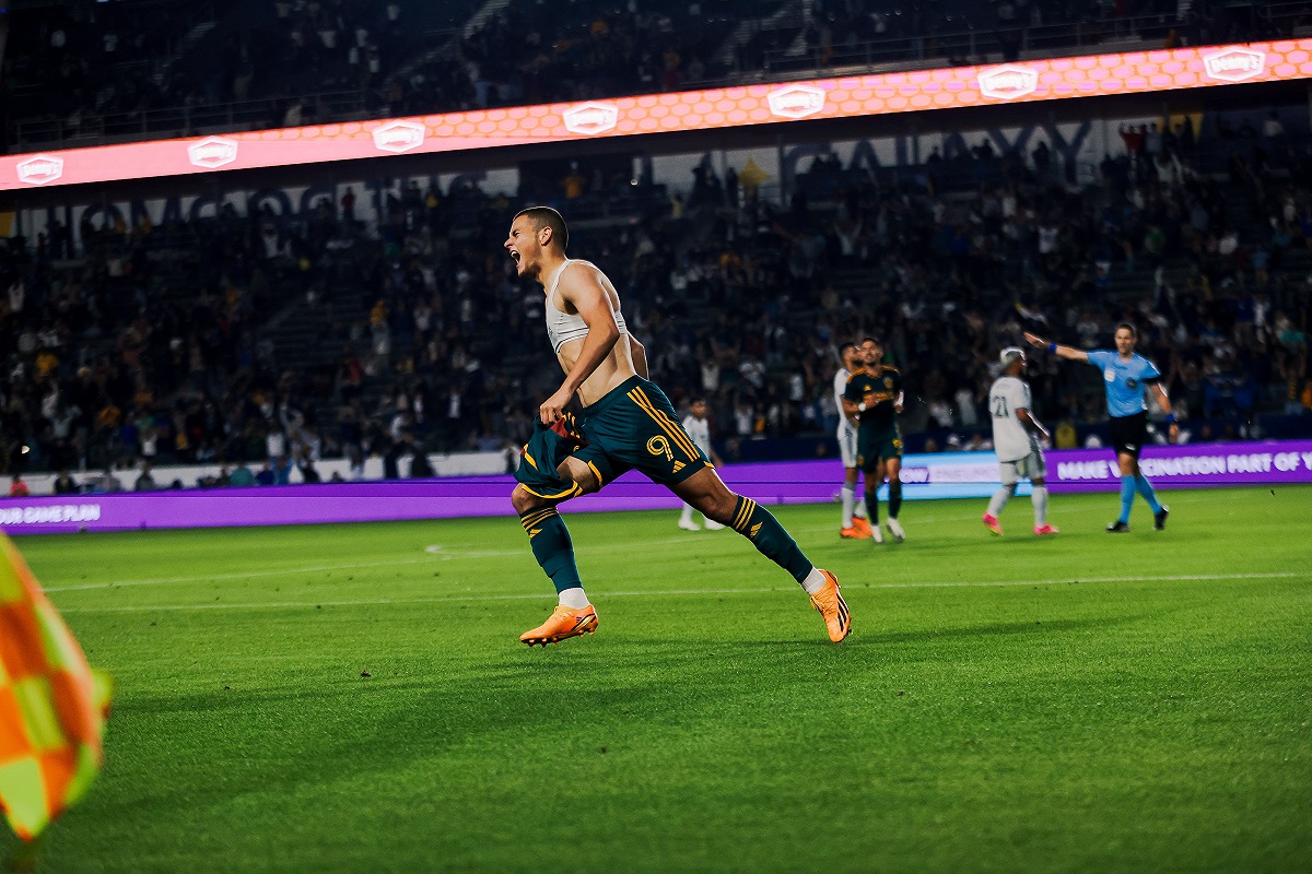 LA Galaxy Forward Dejan Joveljić scored a goal just one minute after coming on as a substitute in the Galaxy's 2-1 win over the San Jose Earthquakes on Sunday, May 14, 2023. (Photo Credit: LA Galaxy)