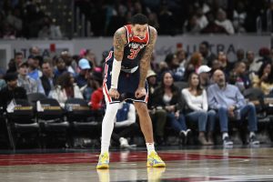 Mar 18, 2023; Washington, District of Columbia, USA; Washington Wizards forward Kyle Kuzma (33) looks on against the Sacramento Kings during the second half at Capital One Arena. Mandatory Credit: Brad Mills-USA TODAY Sports