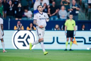 LA Galaxy Winger Tyler Boyd celebrates his goal in a 3-1 win over the Philadelphia Union on Saturday, July 8, 2023. (Photo Credit: LA Galaxy)