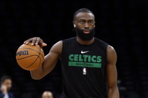 May 29, 2023; Boston, Massachusetts, USA; Boston Celtics guard Jaylen Brown (7) warms up before game seven against the Miami Heat in the Eastern Conference Finals for the 2023 NBA playoffs at TD Garden. Mandatory Credit: Winslow Townson-USA TODAY Sports