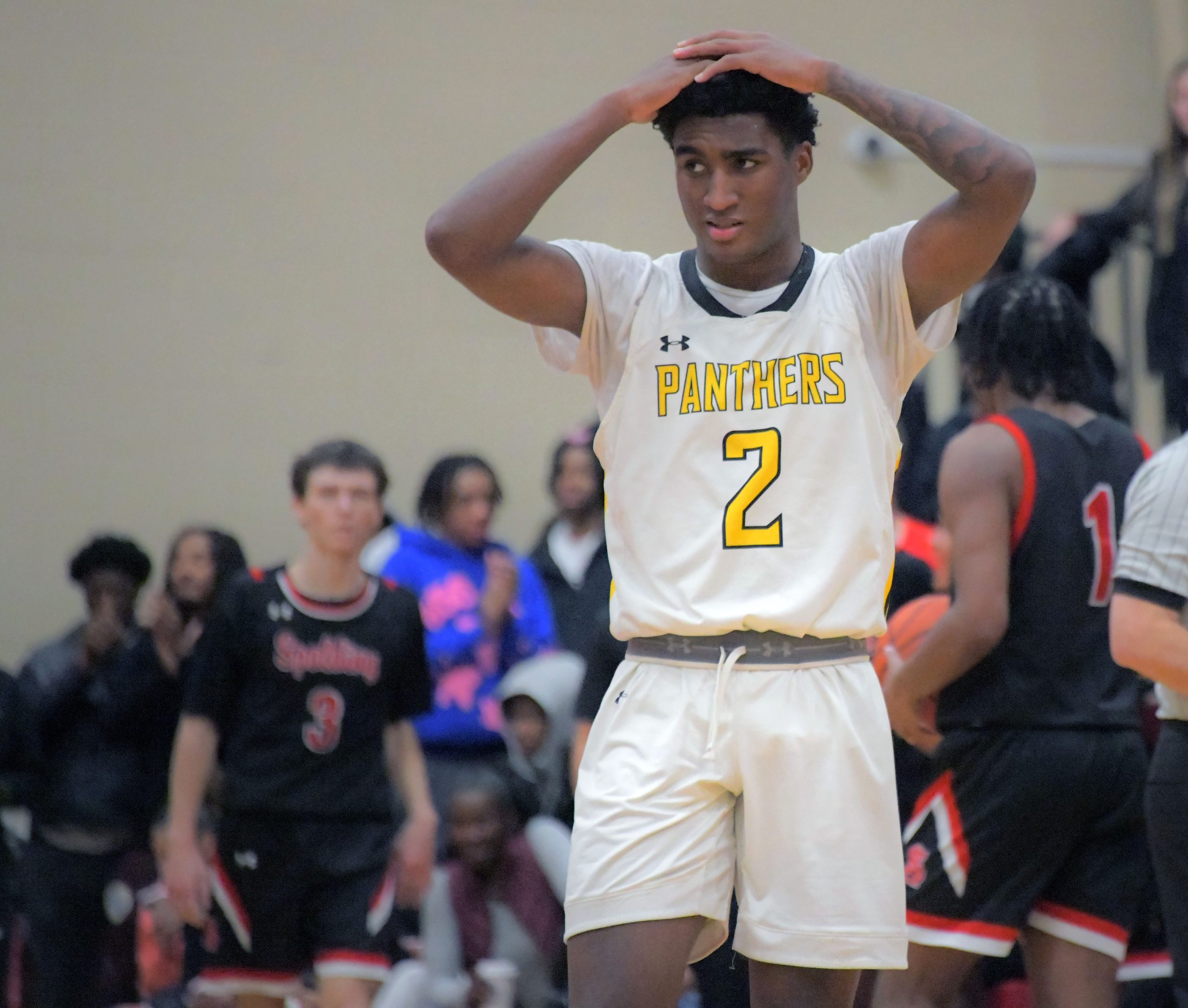 Saint Frances Panthers point guard Jasiah Cannady reacts after missing...