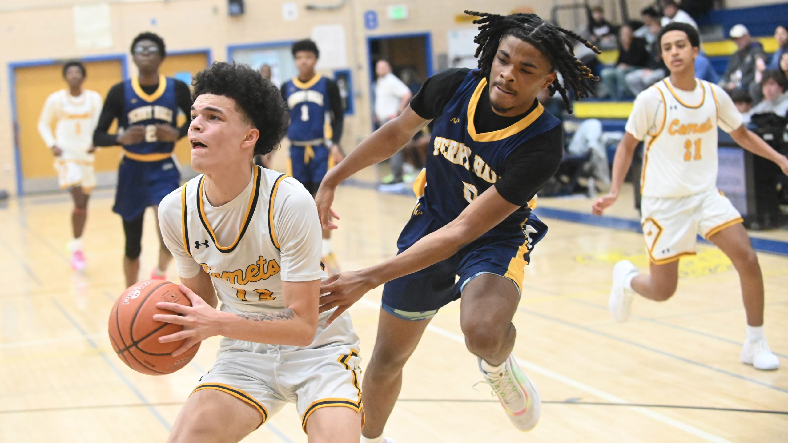 Catonsville's Chris Carter makes a move to get beyond Perry...